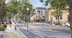 Une large piste cyclable, protégée des piétons et de la circulation, aménagée de chaque côté de l'avenue