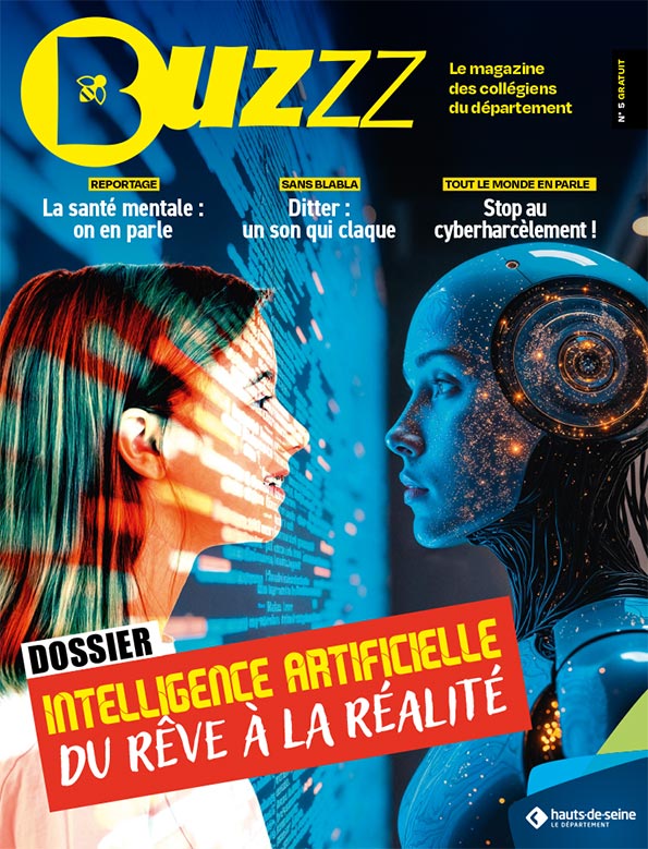 Couverture du magazine Buzzz sur l’intelligence artificielle avec éléments futuristes et robot humanoïde